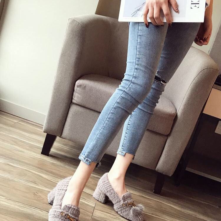 Einzel-schuh frauen herbst modell dicken absätzen abend fluss Su Bai mit nerz wolle schuhe hohe-mit hohen absätzen eine fuß bean schuhe