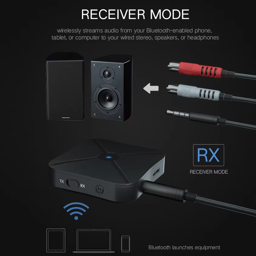 Bluetooth 4.2- mottaker, avsender, 2 i 1 trådløs lydadapter med 3.5mm aux-kontakter, rca-stereo til hjemme-tv,  mp3 pc høyttalere