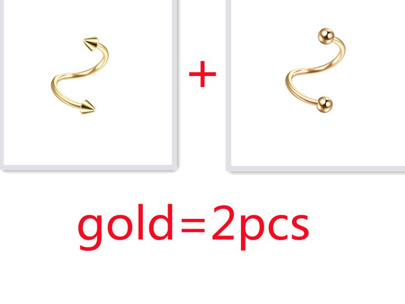 1/2 stücke S Form Nase Ring Edelstahl Bar Spirale Twister Tragus Ohr Piercing Helix Körper Schmuck Piercing ohr: gold-2pcs