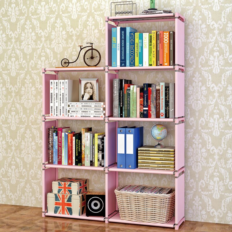 Woonkamer Studie Stalen Pijp Niet-geweven Montage Grote Boekenkast Boekenplank, Multifunctionele Rack: Pink