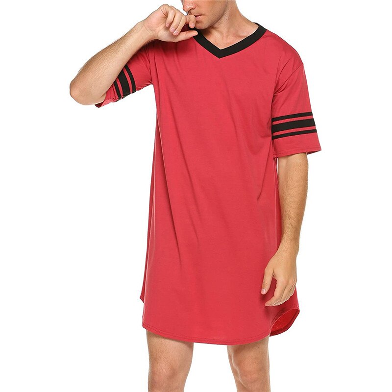 Chemise de nuit en coton doux pour hommes, Robes à manches courtes, col en v, ample, vêtements de nuit décontractés, hauts longs, été: Rouge / M