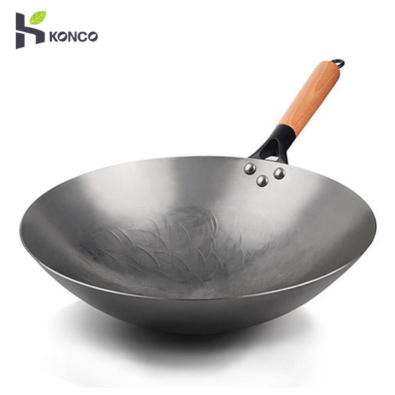 Konco Handgemaakte Wok Smokless Kookgerei Ongecoat Ijzeren Pot Koekenpan Non-stick Chinese Gietijzeren Wok keuken Pot koekenpan