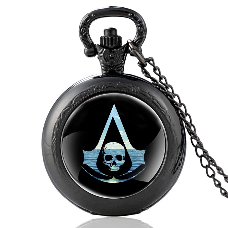 Reloj de bolsillo Vintage para hombre y mujer, pulsera de cuarzo con cabujón de cristal y calavera Assassin, a la , con colgante, para: Black