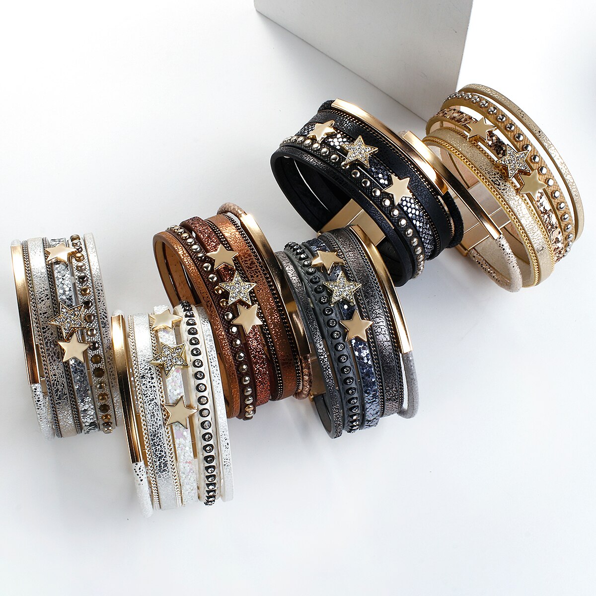Flashbuy Trendy Gold Color Stars Leather Bracelet for Women Multilayer Wide Wrap Bangles Couple Jewelry
