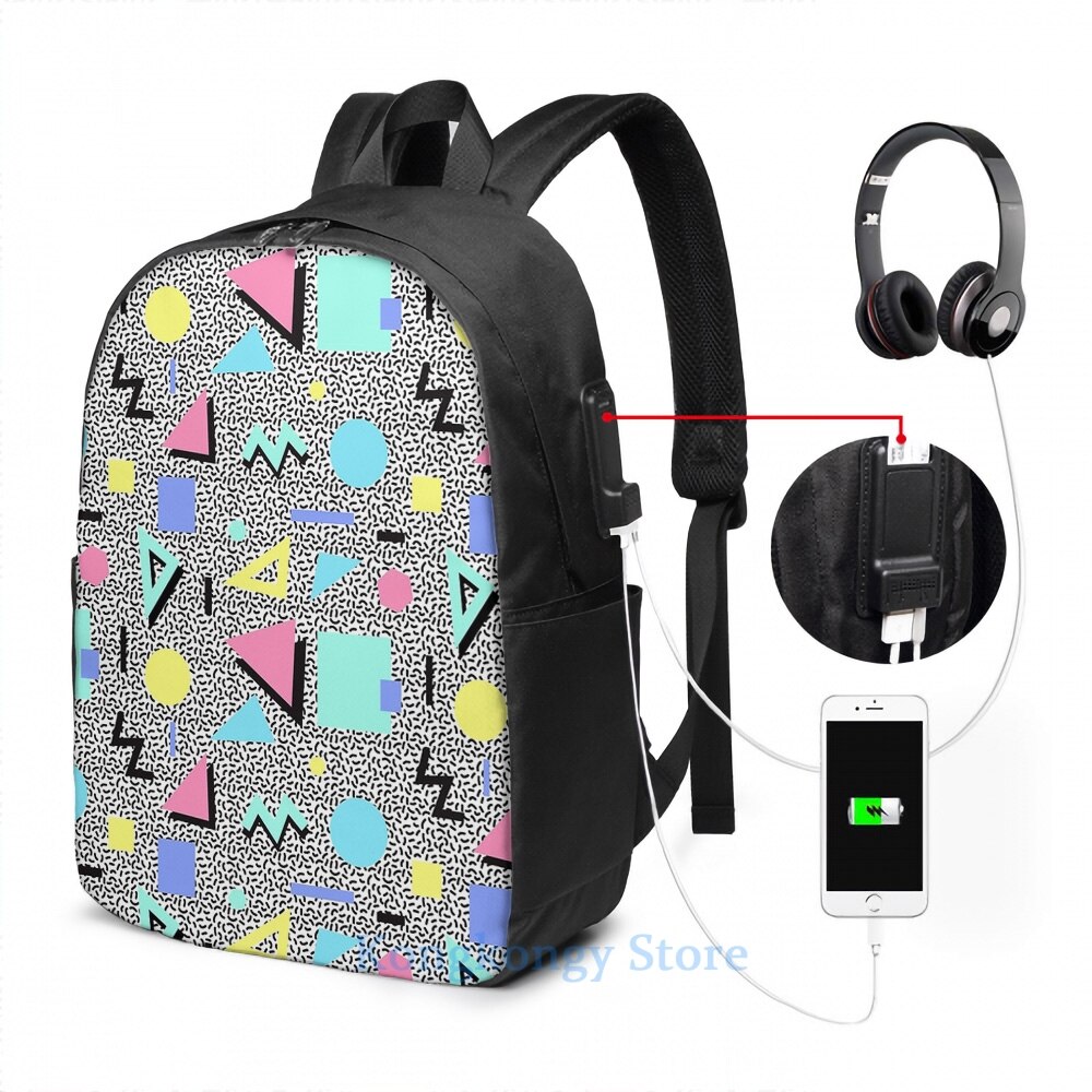 Divertida mochila con estampado gráfico de Menfis, color Pastel, con carga USB, para hombre, colegio, bolsa de viaje para mujer, bolsa para ordenador portátil: USB Backpack 17 in