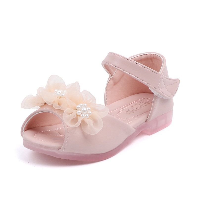Kids Toddler Baby Shoes Summer Little Children's Flowers With Pearls Open Toe Half Sandals Casual Soft Girls Shallow Lace Flats: Pink / 22