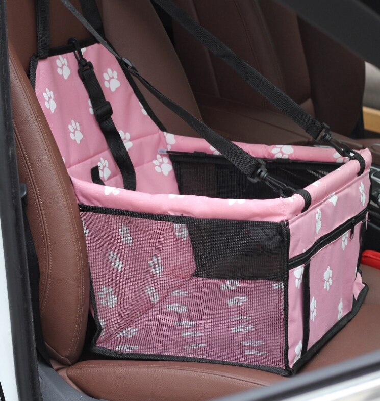 Travel Pet Dog Car Carrier Seat Bag for dogs in the car Safety Pet Transport print paw Car Folding Hammock autogamic for dogs: Pink