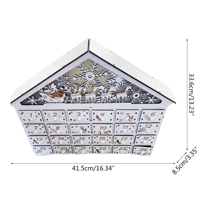 11XA Christmas Wooden House Advent Calendar LED Lighted Snowflake Reindeer Scene Countdown Ornament with Large Drawer Box Xmas