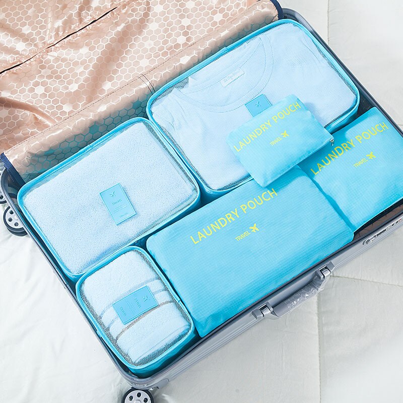 Nylon Packing Cubes Travel Bag System Durable 6 Pieces/ Set Large Capacity Of Unisex Clothing Sorting Organize Travel Bags: Light blue