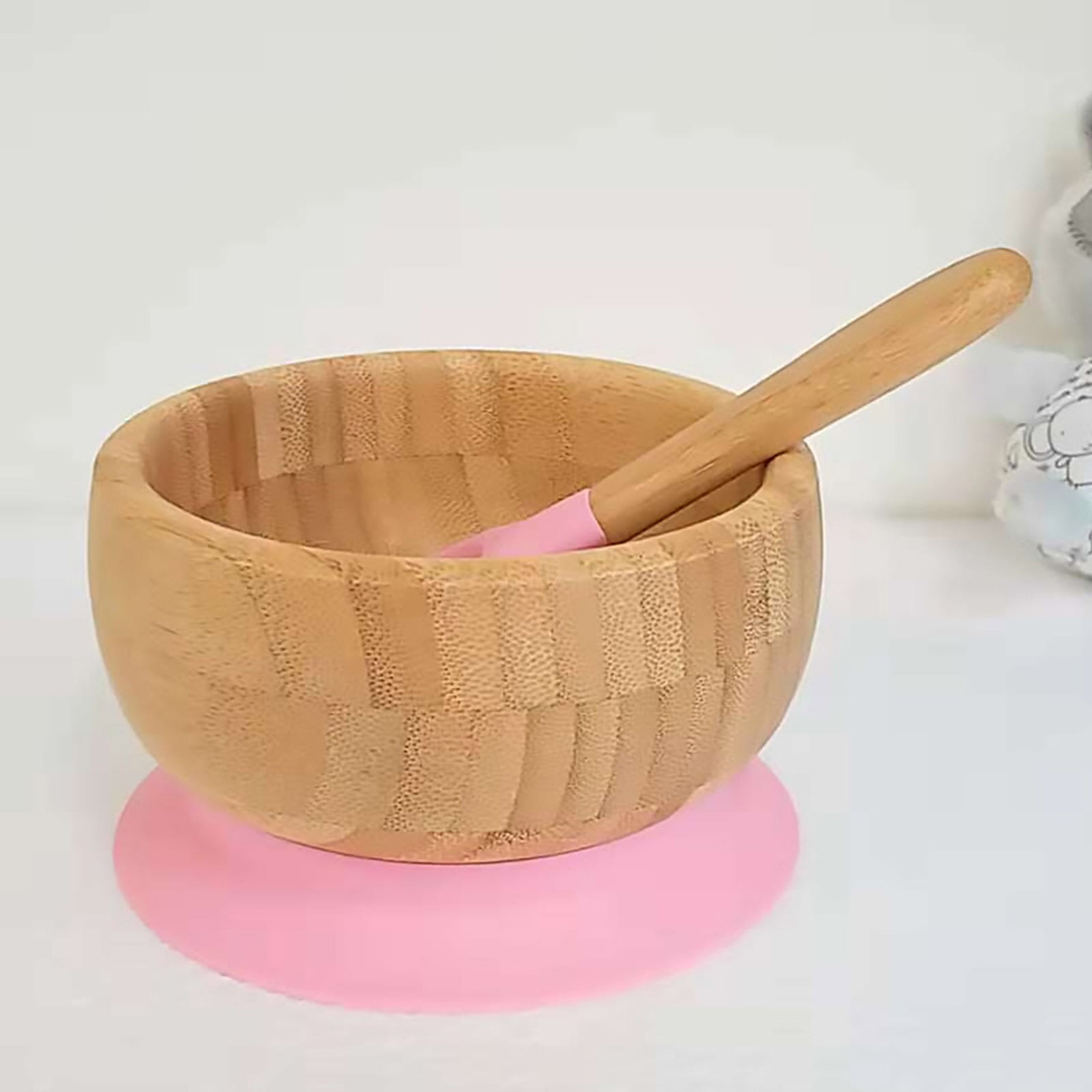 Cuchara de tazón para bebé, cubiertos de alimentación de bambú, inferior de succión libre de BPA, utensilios ecológicos para niños, vajilla de entrenamiento para bebé