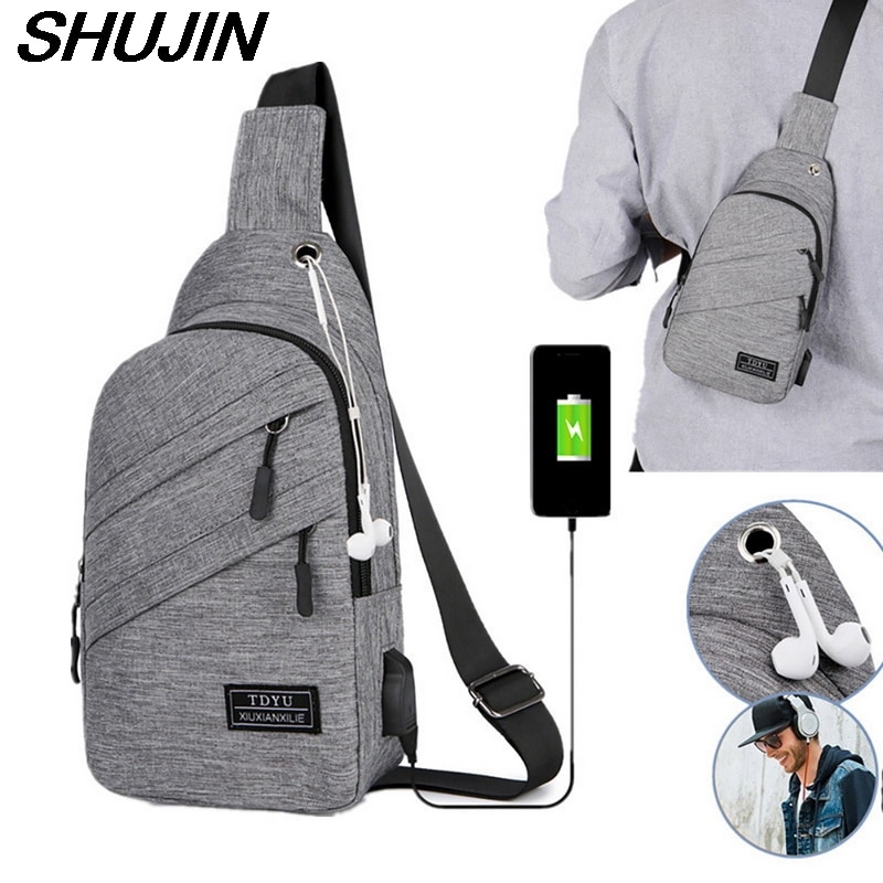 Men's Shoulder Bag Sling Chest Pack Canvas USB Charging Sports Crossbody Male Chest Bags Belt Waist Packs Fast