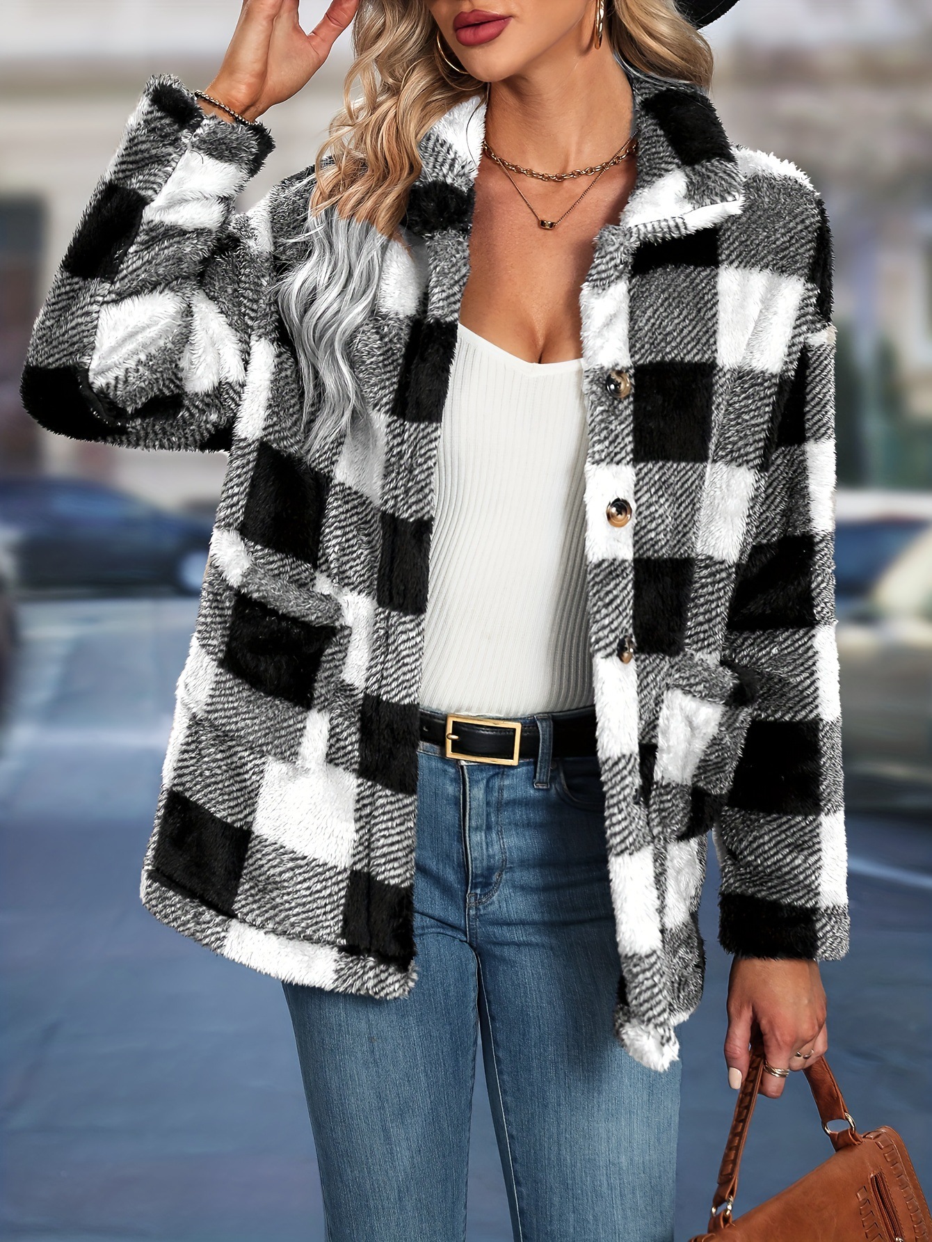 Jahrgang Jacke für Frauen Mantel Winter Oberbekleidung Knopf Karo Streetwear Tasche Outfit koreanische Herbst weibliche Kleidung: XXS / Beige
