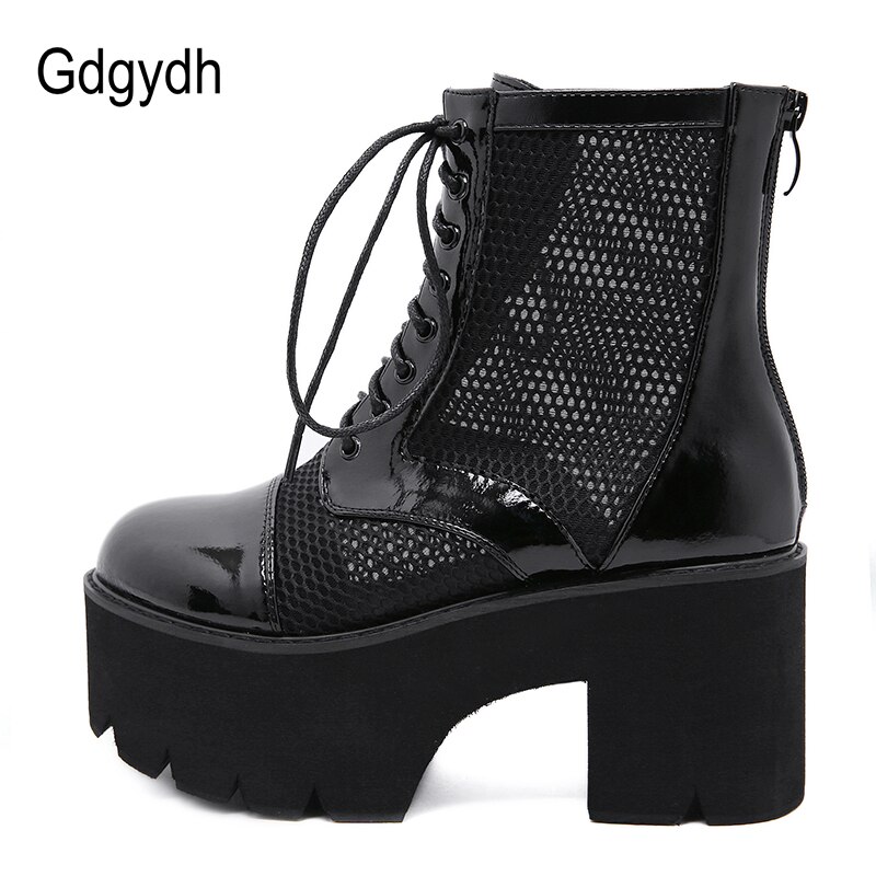 Gdgydh, zapatos góticos para mujer, botas de plataforma para mujer, tacones altos, encaje, malla Blace, transpirable, charol, de Cuero Botines, tacones gruesos