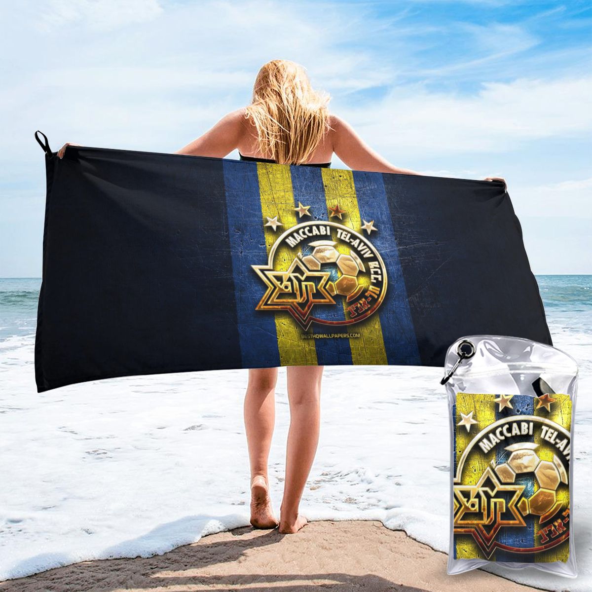 Izrael Maccabi Tel Aviv Fc szybkoschnący ręcznik kąpielowy ręcznik plażowy może być używany do Camping Fitness, szybkoschnący składany saszetka na pasek: 3 / 160cmx80cm
