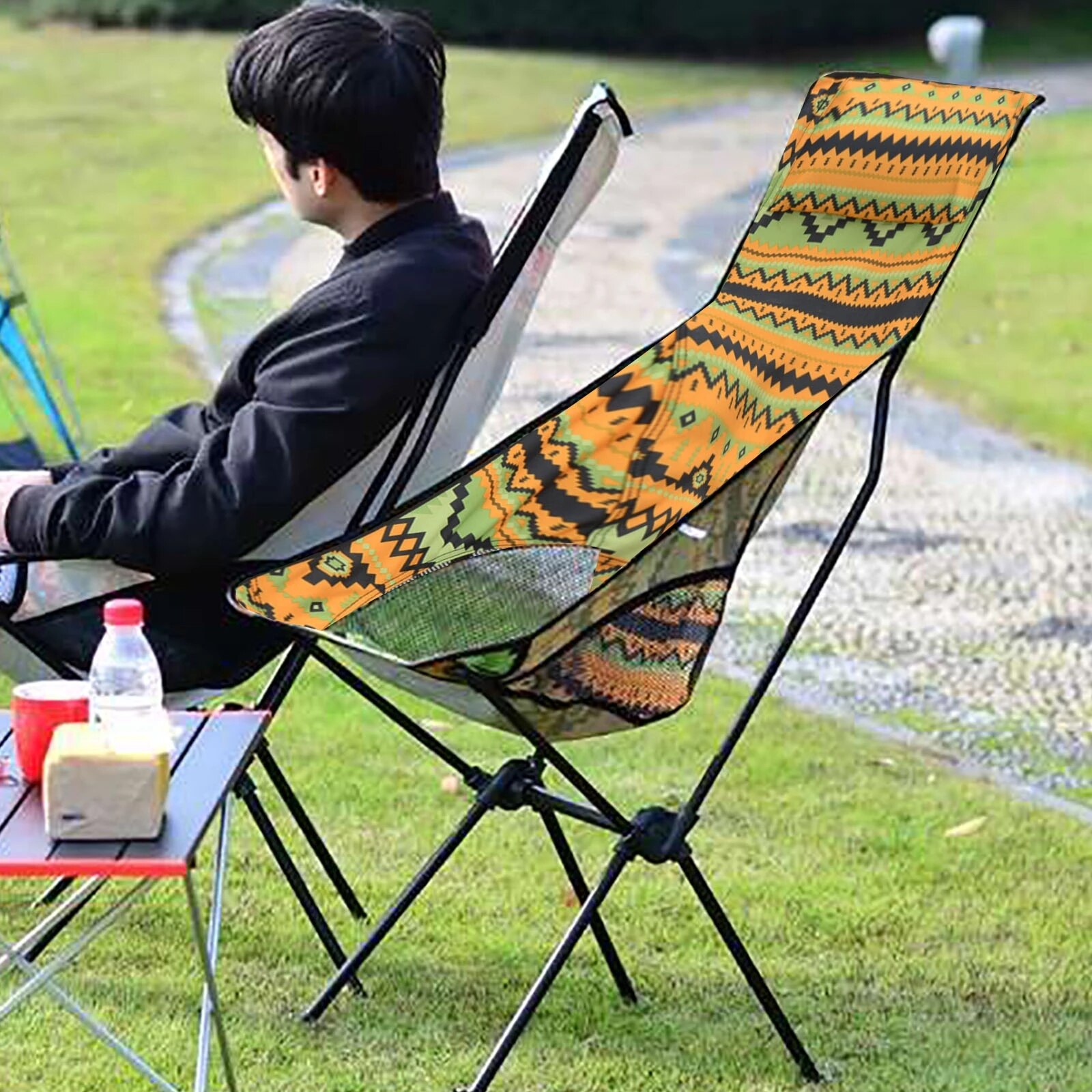 Ultralight Portable Folding Camping Chair Ethnic Customs with Pillow Aluminum Bracket Outdoor Fishing Camp Garden Furniture