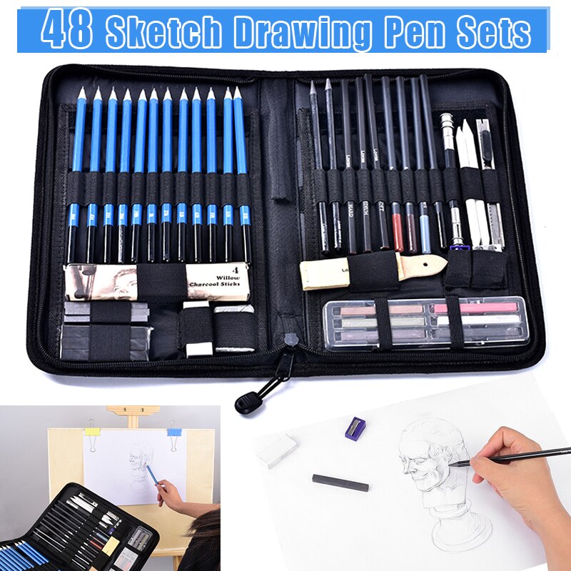 48Pcs/Set Portable Sketch Drawing Pencils Kit With Graphite Charcoal Pen: Default Title