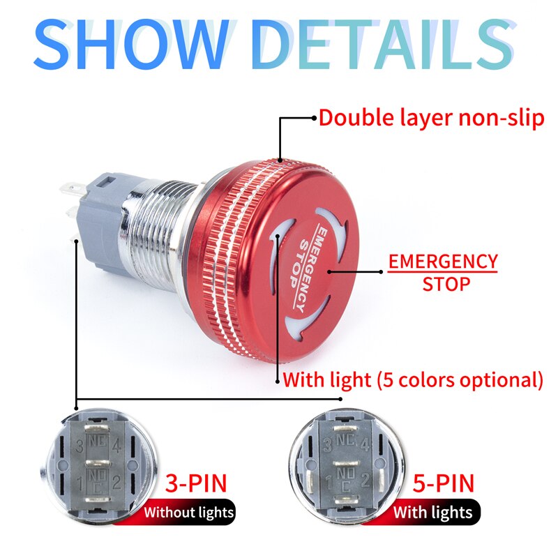 16mm 19mm 22mm metal emergency stop button switch stainless steel waterproof mushroom head Rotation reset Anti-slip thread