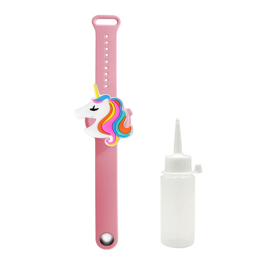 Portátil niños pulsera de mano dispensador de dinosaurio, unicornio desinfectante de manos Gel de pulsera mano apoyo muñeca desinfectante pulsera: pink unicorn