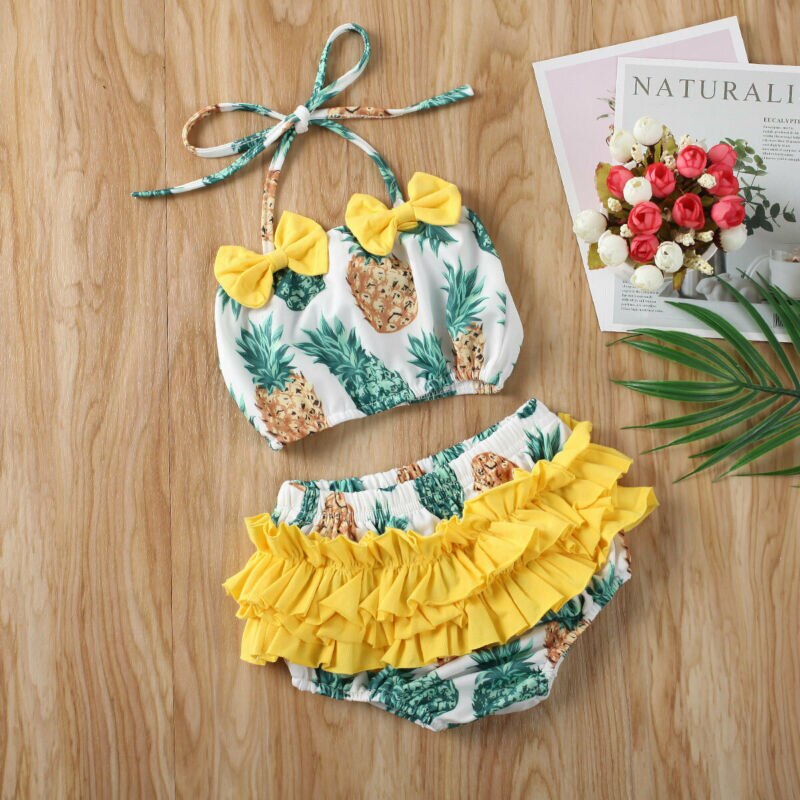 US Stock 2PCS Baby Girl Summer Yellow Swimwear Kids Children Bikini Set Swimsuit