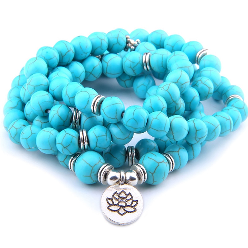 Hoge Quatity Natuurlijke Turkoois Steen Charme Om Armband Vrouwen Mannen 108 Mala Yoga Lotus Sieraden Ketting Pulseras