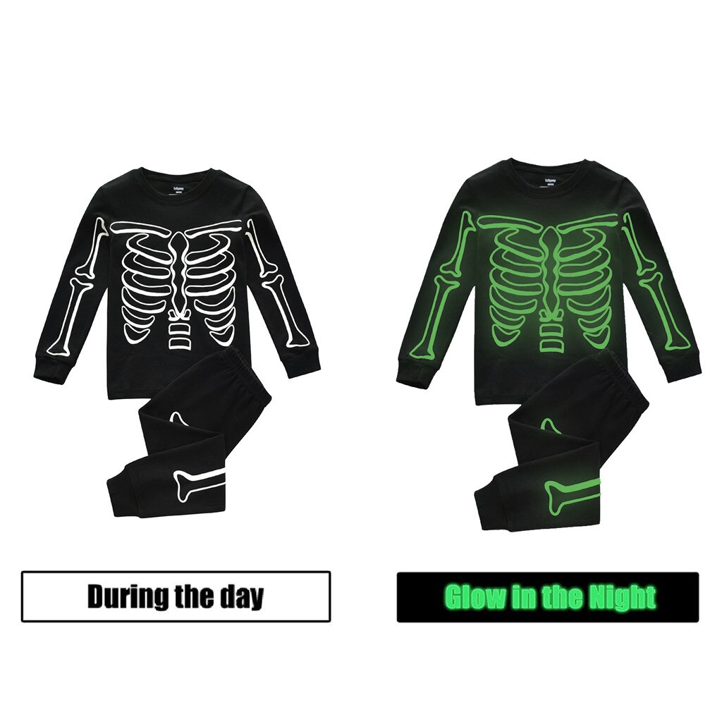 Halloween Roupas Criança Crianças Algodão Sleepwear Conjunto Pijama Meninos Brilham no Escuro Esqueleto Halloween детская одежда