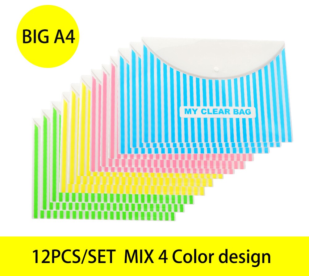 12pcs/set A4 file folder storage bag transparent plastic A5 document bag A3 office file bag school supplies paper bag folder: BIG A4 mix 4design-6