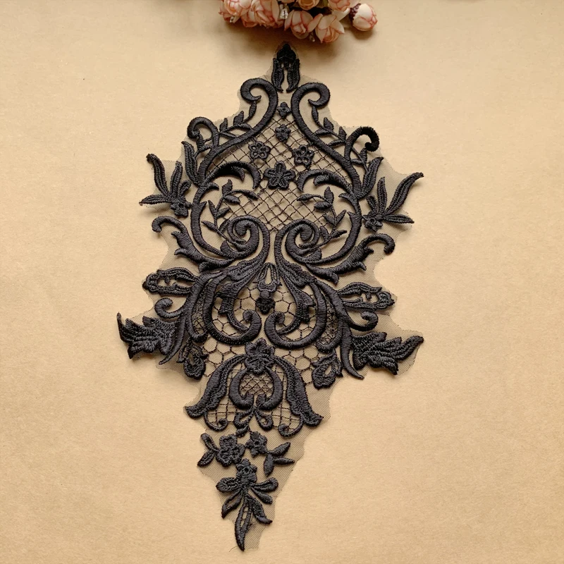 2 uds patrón de rejilla bordado encaje hoja flores parche hecho a mano DIY vestido de novia pecho espalda accesorios RS4163: Cobre envejecido