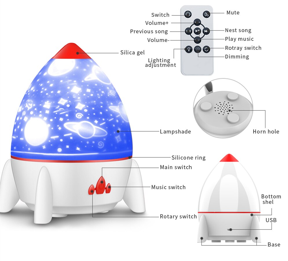 Led Kleurrijke Raket Roterende Projector Lamp Met Luidspreker Afstandsbediening Projector Sterrenhemel Oceaan Projector Nachtlampje
