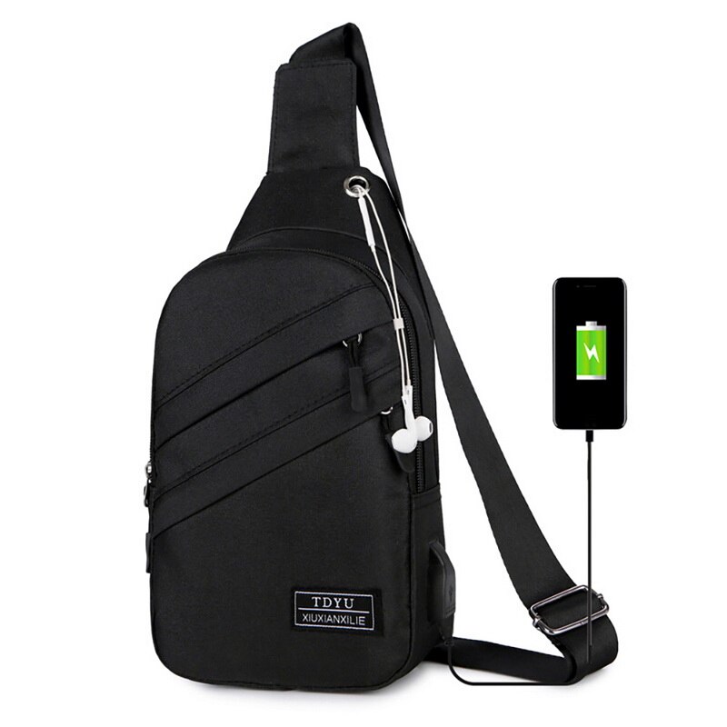 Men Crossbody Bag Waterproof Chest Bags with Headphone Hole USB Charging Port Outdoor Travel Shoulder Bags Anti-theft Pack: Black