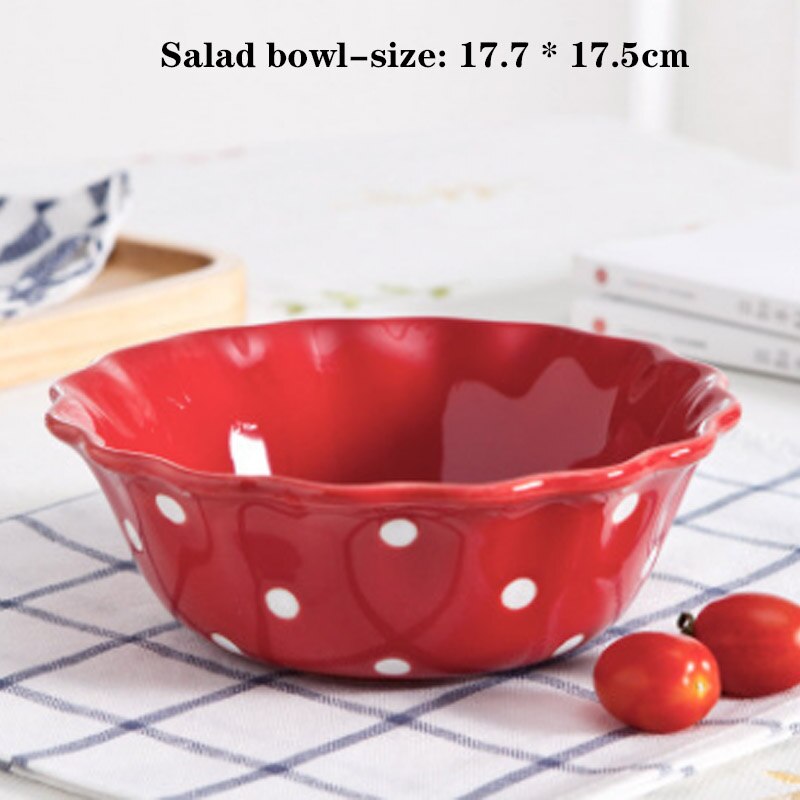 Porcelain Dishes Cutlery Dinner Plate Polka Dot Dishes Cute Dessert Salad Rice Noodle Soup Bowl Breakfast Steak Tray Snack Dish: Red-B