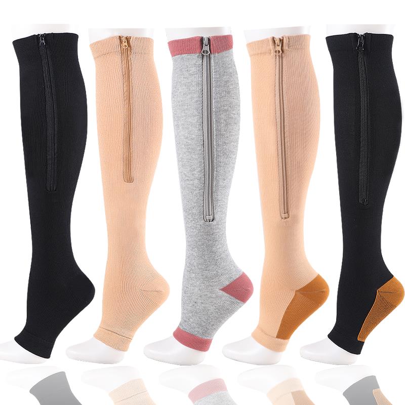 Calcetines de compresión con cremallera para hombre y mujer, medias hasta la rodilla con cremallera, soporte para piernas, punta abierta, Color sólido, YSZ02