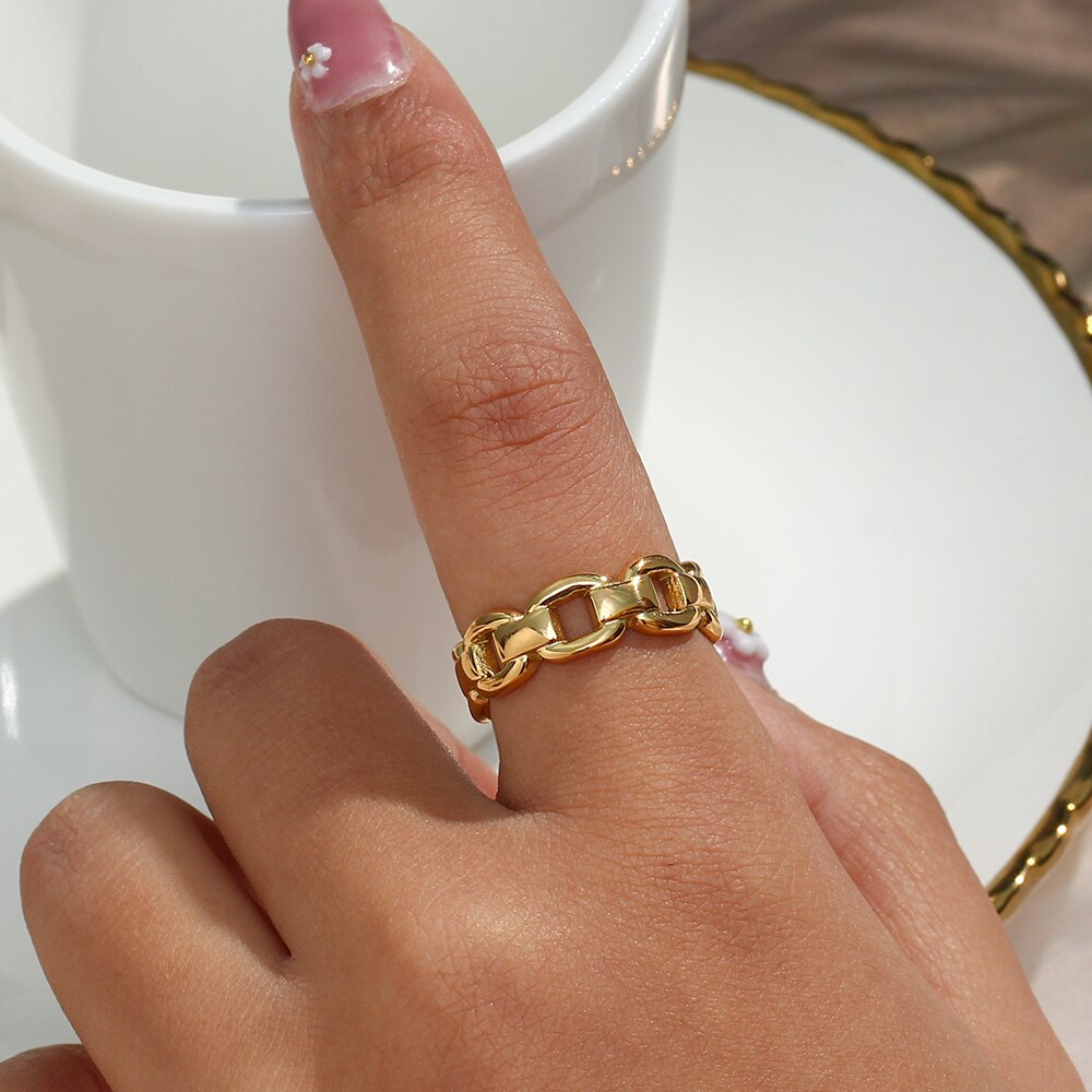 2022 Basic Stainless Steel Waterproof Jewelry Party Ring Ladies Bold Link Chain 18K Gold Rings For Women
