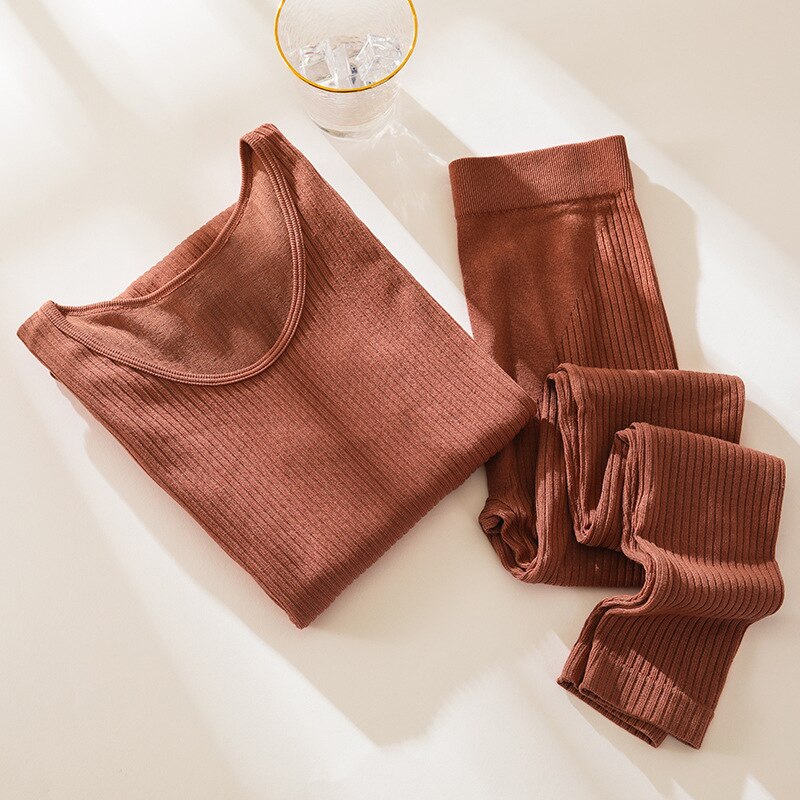 2-piece Set Women&#39;s Pyjamas Autumn Winter Seamless Body Thermal Underwear Suit Thin Thread Slim Lady Warming Thermal Long Johns: brown