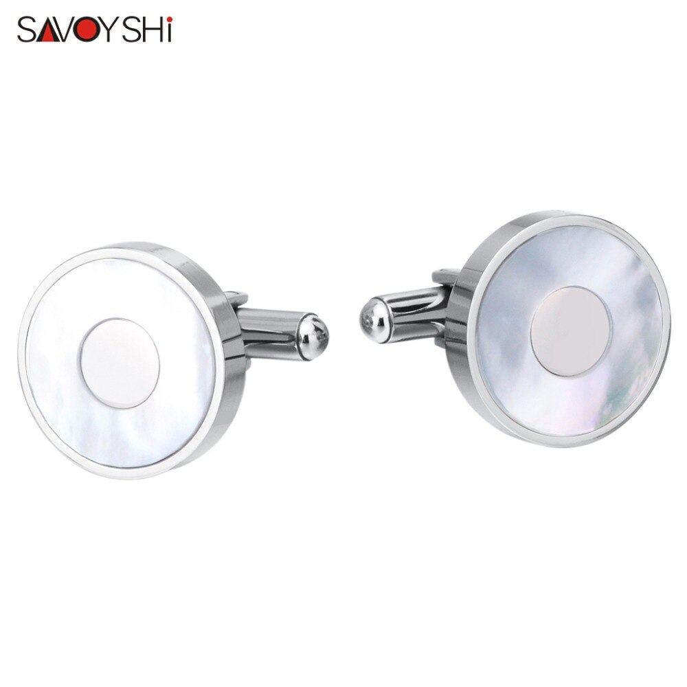 SAVOYSHI Silver color Mens Cufflinks Brand White Shell Cuff links Round Formal Business Wedding Shirts Jewelry