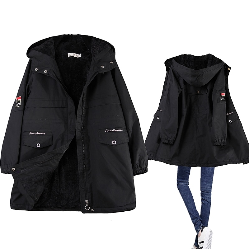 Vinter fleece dam parkas dam huva medellång quiltad varm vinterkappa vadderad rosa blå dam vindjacka stor storlek