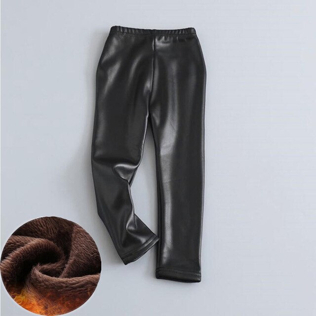 Tjejer faux pu tjocka fleeceleggings tjejer barn resår i midjan varmt läder tjejer söta svarta röda barn barn snygga leggings: Svart / 140cm(8-9 år)