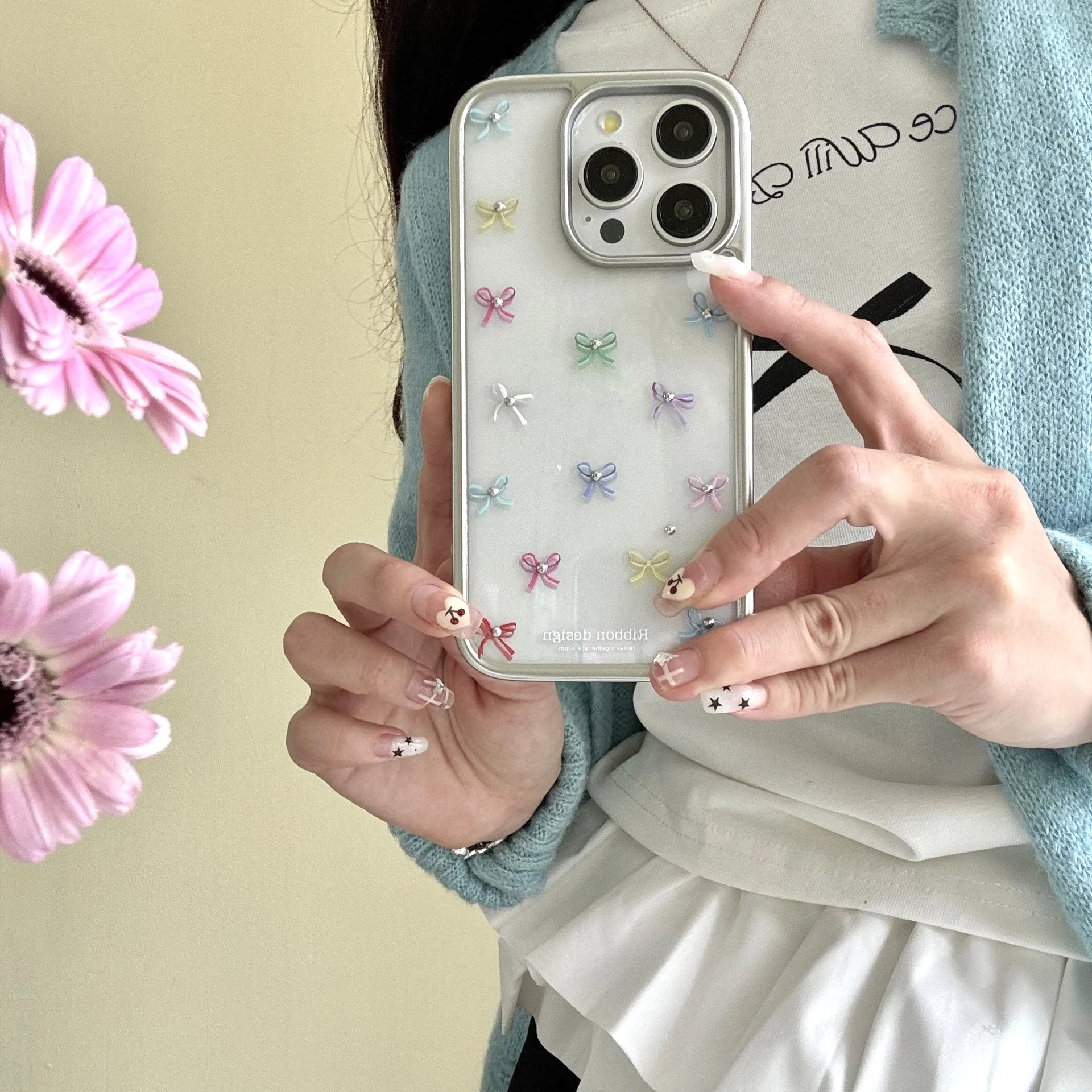 Funda plateada con forma de perla y lazo para IPhone 15, 14, 13, 12 Pro Max, protección IPhone15, bonita funda transparente a prueba de golpes a la , Corea INS