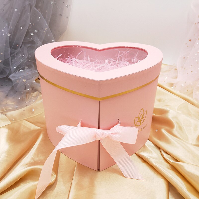Heart Shaped Double Layer Rotating Box Transparent Window Packaging Case Wedding Party Cardboard Box For Valentine's Day: pink