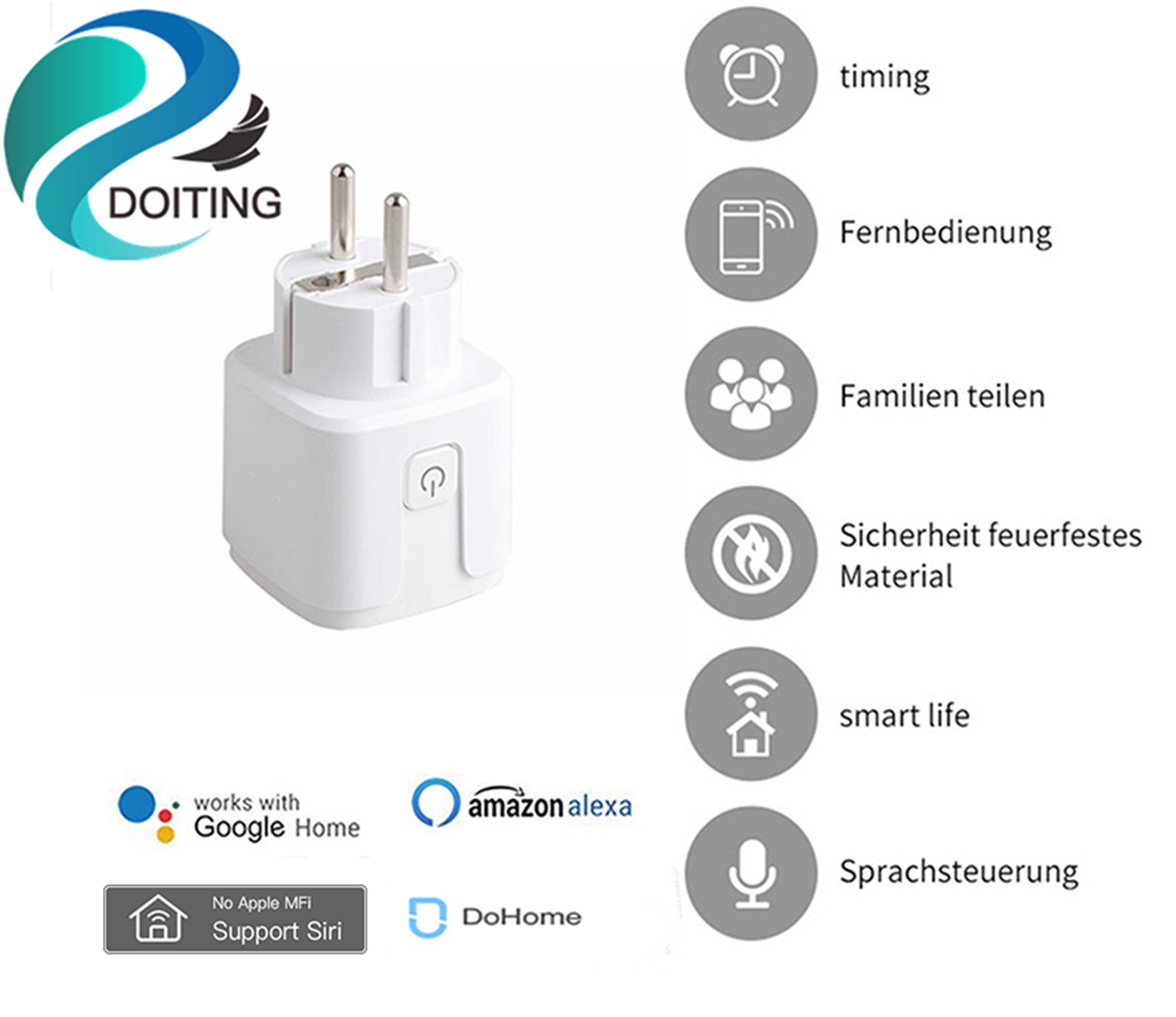 EU Smart Plug 90-250V 10A Wireless Wifi Socket Switch Set Schedule Voice Remote Control Support Siri (No Apple MFI)/Alexa/Google