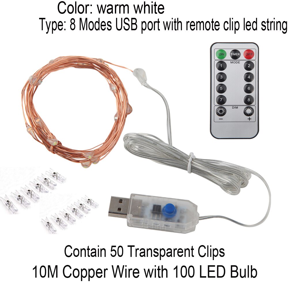 50 fotoklemmer lysslyngeholder innendørs usb lyssnorer til opphenging av bilder bilder kort klipsholder dekorasjon: Usb 10m 50 klipp