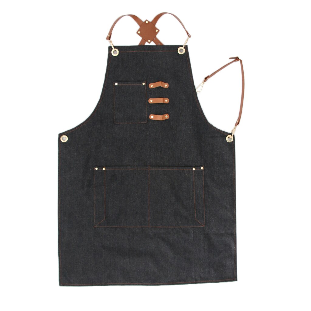 Denim smekke forkle lærreim barista baker arbeid uniform servitør artist kokk