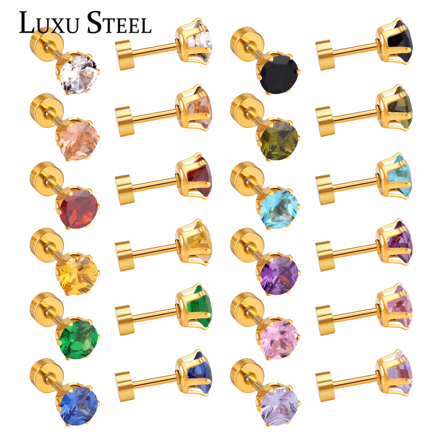 LUXUSTEE 12pairs lots Colorful CZ Earrings Price Stainless Steel Anti-allergy 3mm 6mm Screw Stud Earrings Wedding