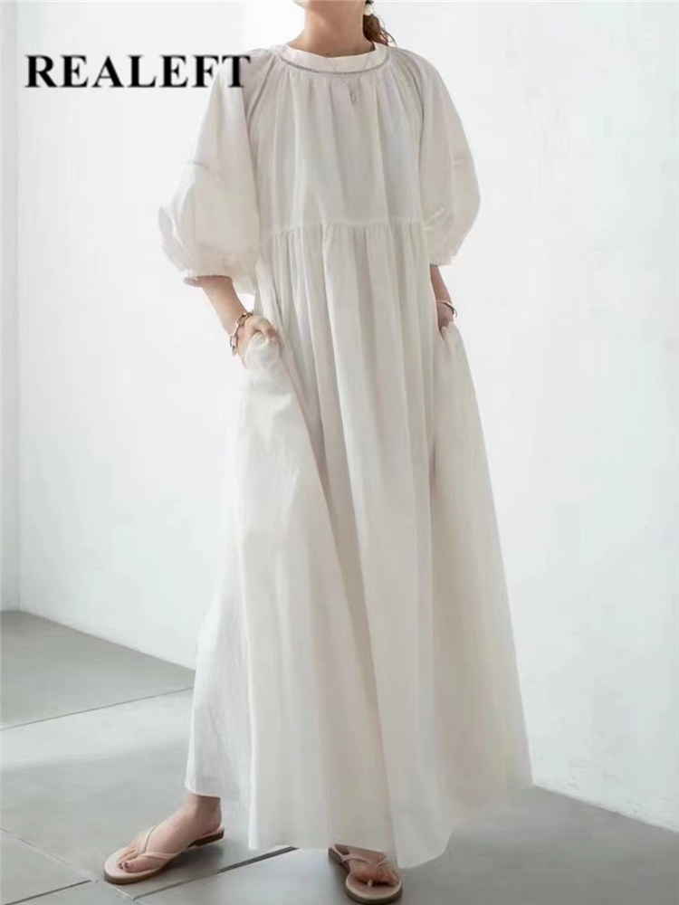 REALEFT 2023 nueva linterna manga camisas de mujer vestidos con cordones sólido Casual suelto recto vestidos largos mujer primavera otoño