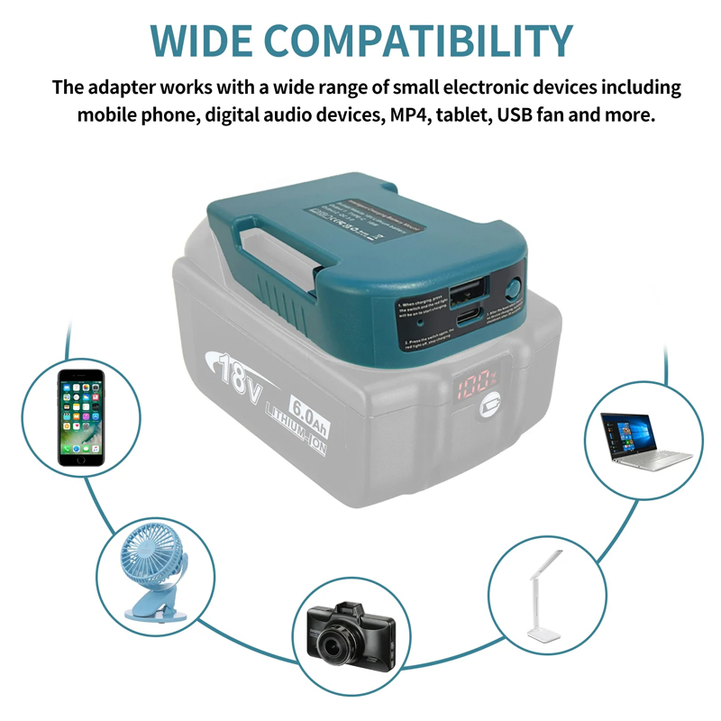Bärbar laddareadapter för makita/dewalt/milwaukee 18v litiumjonbatteri med usb typ-c-batterihållare, usb-laddare, nyaste