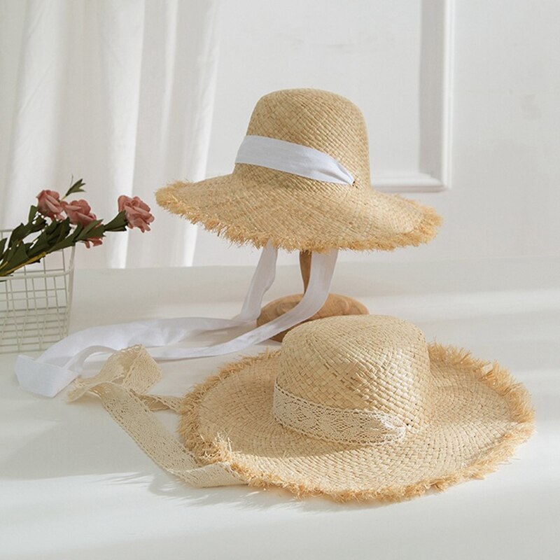 Håndvevd stråhatt til dame bredbremmet solhatt dame strandhatt hatt blonder streamer sunsn (hvit)
