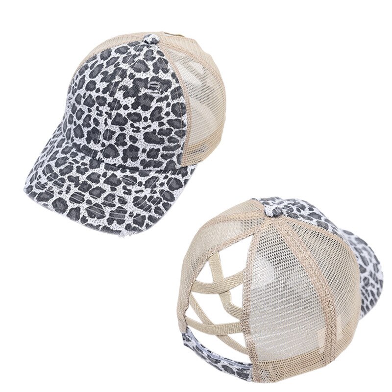 Verstelbare outdoor sport gat casual criss cross paardenstaart mesh zonnehoed reizen magische sticker baseball pet unisex zomer: Zilveren luipaard