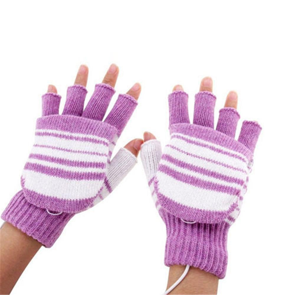 Vinter stickade handskar usb uppvärmda halvfinger handskar tvättbara fingerfria: Lila