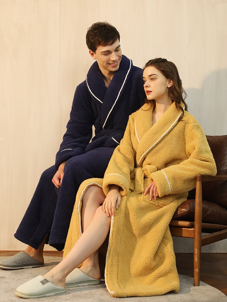 Bata larga y cálida de lana para hombre y mujer, albornoz grueso y suave, bata de baño cálida para invierno