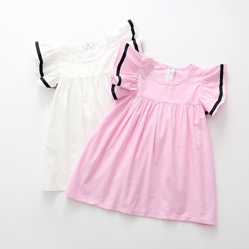 Baby Meisjes Jurk Zomer Wit Roze Strand Jurk Ruche Vliegen Mouw Jurken Voor Kids Leuke Koreaanse Peuter Tieners Kinderen Kleding