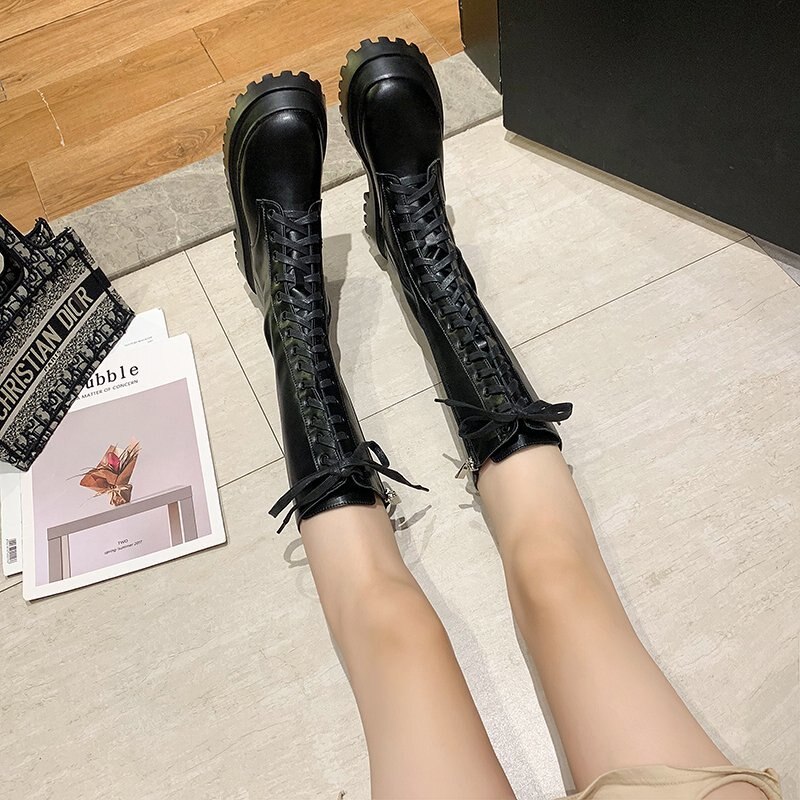 Plate-forme trapue en cuir pu genou bottes hautes femmes rétro Punk hauteur augmentant longues bottes femme à lacets chaussons Mujer: 39